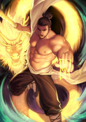 Rule 34 | 1boy, abs, absurdres, baimeme, bara, beard, black hair, dragon, dungeon and fighter, eyebrow cut, facial hair, fighting stance, fire, foot out of frame, hadanugi dousa, high ponytail, highres, japanese clothes, kimono, large hands, large pectorals, looking at viewer, male focus, male priest (dungeon and fighter), mature male, muscular, muscular male, mustache stubble, nipples, open clothes, open kimono, pectorals, pyrokinesis, sandals, scar, scar on chest, short hair, shouting, solo, stomach, stubble, thick eyebrows, topless male, v-shaped eyebrows, veins, veiny arms