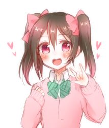 Rule 34 | 10s, 1girl, :d, black hair, blush, bow, bowtie, cardigan, clenched hand, green bow, green bowtie, hair bow, hands up, heart, long sleeves, looking at viewer, love live!, love live! school idol project, m/, nameneko (124), nico nico nii, open mouth, otonokizaka school uniform, pink cardigan, red bow, red eyes, school uniform, sidelocks, simple background, sketch, smile, solo, striped bow, striped bowtie, striped clothes, striped neckwear, twintails, upper body, white background, yazawa nico
