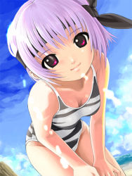 Rule 34 | 1girl, ayane (doa), beach, bent over, breasts, cleavage, cloud, day, dead or alive, ef double, foreshortening, headband, leaning forward, legs, medium breasts, mikazuki akira!, one-piece swimsuit, outdoors, purple hair, red eyes, ribbon, short hair, smile, solo, striped clothes, striped one-piece swimsuit, swimsuit, tecmo, water