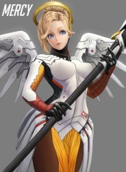 Rule 34 | 1girl, armor, black gloves, blonde hair, blue eyes, bodysuit, breastplate, breasts, breasts apart, brown pantyhose, character name, cowboy shot, eyelashes, faulds, gloves, grey background, halo, hand up, headgear, high collar, highres, holding, holding staff, large breasts, lips, loincloth, long hair, long sleeves, mechanical halo, mechanical wings, mercy (overwatch), overwatch, overwatch 1, pantyhose, parted lips, pelvic curtain, pink lips, ponytail, simple background, skin tight, solo, spread wings, staff, swiss flag, turtleneck, weapon, wings, yamaneko (tkdrumsco)