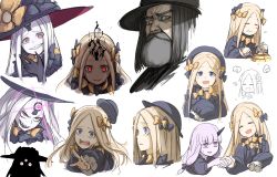 Rule 34 | abigail williams (fate), abigail williams (third ascension) (fate), absurdres, beard, blonde hair, blue eyes, bow, colored skin, crying, crying with eyes open, darkness, expressions, facial hair, fate/grand order, fate (series), food, grey eyes, grey hair, hair bow, hat, highres, kankan33333, keyhole, lavinia whateley (fate), matthew hopkins (fate), multiple hair bows, multiple views, pancake, purple eyes, purple hair, purple skin, red eyes, ribbon, sharp teeth, tears, teeth, witch hat