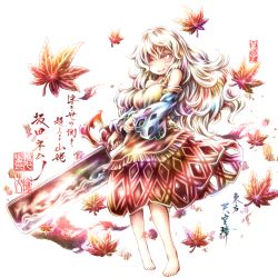 Rule 34 | 1girl, autumn leaves, bare shoulders, barefoot, blue sleeves, blush, breasts, character name, detached sleeves, dress, full body, hair between eyes, hidden star in four seasons, highres, holding, holding weapon, large breasts, leaf, link163353, long hair, maple leaf, multicolored clothes, multicolored dress, nata (tool), open mouth, red eyes, sakata nemuno, simple background, single-shoulder dress, single strap, smile, solo, touhou, weapon, white background, white hair