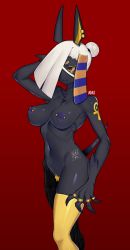 Rule 34 | 1girl, absurdres, animal ears, ankh, anu (bugita), arm up, black skin, blonde pubic hair, bugita, character name, closed mouth, collarbone, colored sclera, colored skin, earrings, egyptian, egyptian clothes, female pubic hair, hair bun, hair over one eye, hatching (texture), highres, jewelry, long hair, navel, nipple bar, nipple piercing, original, piercing, pinky ring, pubic hair, purple eyes, red background, ring, shoulder tattoo, signature, simple background, single hair bun, solo, tail, tattoo, thighhighs, white hair, yellow sclera, yellow thighhighs