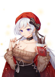 Rule 34 | 1girl, aran sweater, azur lane, bare shoulders, belfast (azur lane), belfast (shopping with the head maid) (azur lane), beret, black bow, black skirt, bow, breasts, brown sweater, cable knit, choker, cleavage, collarbone, dripping, earrings, food, hat, highres, holding, holding food, hoop earrings, jewelry, large breasts, long hair, long sleeves, looking at viewer, nail polish, off-shoulder sweater, off shoulder, pencil skirt, pocky, purple eyes, red hat, simple background, skirt, solo, sweater, upper body, very long hair, white background, white hair, yuu li (glass)