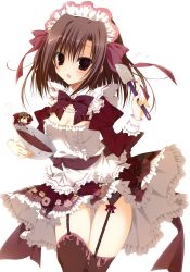 Rule 34 | 2girls, :o, :q, absurdres, blush, bow, bowl, bowtie, breasts, brown hair, buckle, chibi, cleavage, dress, ebiten (manga), garter straps, hairband, highres, inugami kira, looking at viewer, maid headdress, multiple girls, official art, purple eyes, red bow, red bowtie, siblings, simple background, sisters, spatula, standing, tareme, thigh gap, thighhighs, todayama izumiko, todayama kyouko, tongue, tongue out, white background, zettai ryouiki