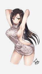 Rule 34 | 1girl, absurdres, armpits, arms behind head, arms up, backless dress, backless outfit, bare shoulders, black hair, blush, breasts, dress, green eyes, grey sweater, halterneck, highres, idolmaster, idolmaster cinderella girls, large breasts, long hair, looking at viewer, meme attire, mukai takumi, naked sweater, parted bangs, parted lips, ribbed sweater, serin199, sideboob, simple background, solo, sweater, sweater dress, thighs, turtleneck, turtleneck sweater, virgin killer sweater, white background