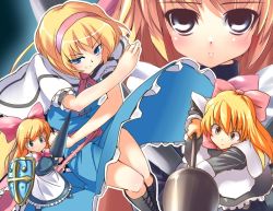 Rule 34 | 4girls, alice margatroid, bad id, bad pixiv id, blonde hair, blue eyes, boots, cross-laced footwear, doll, female focus, goliath doll, lace-up boots, long hair, multiple girls, shanghai doll, short hair, solo, touhou, tsukushi sasa