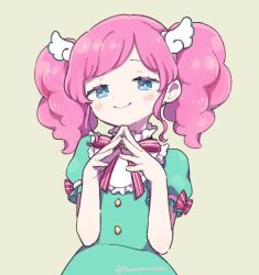 Rule 34 | 1girl, aikatsu!, aikatsu! (series), amahane madoka, blue dress, blue eyes, blush, closed mouth, collar, commentary request, curly hair, dress, frilled collar, frills, grey background, half-closed eyes, hands up, long hair, looking at viewer, neck ribbon, own hands together, pink hair, puffy short sleeves, puffy sleeves, red ribbon, ribbon, short sleeves, simple background, smile, solo, steepled fingers, terayamaden, twintails, upper body, white collar, wing hair ornament