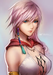 Rule 34 | 1girl, alternate costume, armlet, armpit crease, artist name, backlighting, bikini, blue background, blue eyes, breasts, capelet, commentary, cosplay, dated, earrings, english commentary, facebook username, final fantasy, final fantasy x, final fantasy x-2, final fantasy xiii, gradient background, hair over one eye, hair over shoulder, jewelry, leirix, lightning farron, long hair, looking at viewer, medium breasts, necklace, pink hair, portrait, purple background, red capelet, shadow, signature, solo, square enix, swept bangs, swimsuit, v-shaped eyebrows, white bikini, yuna (ff10), yuna (ff10) (cosplay)