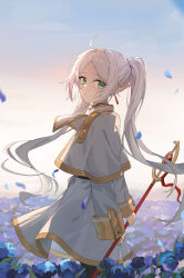 Rule 34 | 1girl, absurdres, ahoge, arms behind back, capelet, chenmu sora, closed mouth, commentary, dangle earrings, day, earrings, elf, flower, frieren, from side, gold trim, green eyes, highres, holding, holding staff, jewelry, long hair, long sleeves, looking at viewer, looking to the side, mage staff, nemophila (flower), outdoors, parted bangs, petals, pointy ears, skirt, sousou no frieren, staff, standing, twintails, white capelet, white skirt
