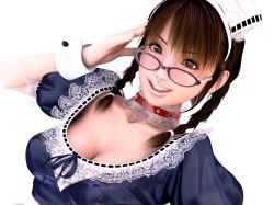 Rule 34 | 1girl, 3d, :d, braid, breasts, brown eyes, brown hair, choker, cleavage, close-up, cross, dutch angle, flear, glasses, incise soul, jewelry, lace, lips, lipstick, looking at viewer, looking over eyewear, m-rs, maid, maid headdress, makeup, open mouth, parted bangs, ribbon, ribbon-trimmed clothes, ribbon trim, see-through, simple background, smile, solo, twin braids, twintails, wrist cuffs