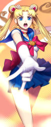 Rule 34 | 10s, 1girl, :o, \m/, absurdres, bishoujo senshi sailor moon, bishoujo senshi sailor moon crystal, blonde hair, blue eyes, blue sailor collar, blue skirt, bow, brooch, double bun, elbow gloves, gloves, hair ornament, hairpin, highres, jewelry, long hair, magical girl, orange background, pleated skirt, red bow, ribbon, sailor collar, sailor moon, skirt, solo, tsukino usagi, twintails, white gloves, yukiusagi1983