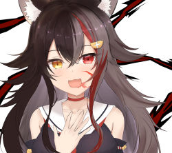 Rule 34 | 1girl, animal ear fluff, animal ears, bare shoulders, black hair, black shirt, black sleeves, blood, blood on face, choker, collarbone, commentary request, detached sleeves, hair between eyes, hair ornament, hairclip, hand on own chest, heterochromia, highres, hololive, long hair, looking at viewer, multicolored hair, ookami mio, ookami mio (1st costume), open mouth, red choker, red eyes, red hair, sailor collar, shirt, sidelocks, sleeveless, sleeveless shirt, solo, two-tone hair, umikotatsu, virtual youtuber, white background, wolf ears, wolf girl, yellow eyes