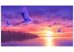 Rule 34 | animal, bird, cloud, flock, flying, gradient sky, hariken, highres, horizon, ocean, original, purple sky, scenery, sky, sun, sunset, tree