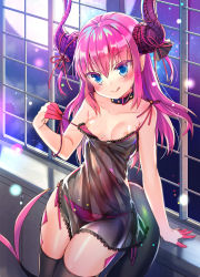 Rule 34 | 10s, 1girl, bare arms, bare shoulders, black dress, black ribbon, black thighhighs, blue eyes, blush, breasts, closed mouth, collarbone, colored eyelashes, commentary request, covered navel, dragon girl, dragon horns, dragon tail, dress, elizabeth bathory (fate), elizabeth bathory (fate/extra ccc), fate/extra, fate/extra ccc, fate (series), hair between eyes, hair ribbon, head tilt, highres, horns, jin young-in, long hair, navel, nipples, panties, pink hair, pink panties, ribbon, see-through, side-tie panties, sleeveless, sleeveless dress, small breasts, solo, tail, thighhighs, tongue, tongue out, two side up, underwear, undressing