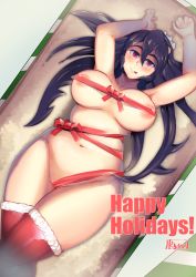 Rule 34 | 1girl, :p, belly, black hair, box, breasts, curvy, english text, eyebrows, filia (skullgirls), gift, gift box, highres, large breasts, long hair, looking at viewer, lying, naked ribbon, nipples, on back, plump, red eyes, red ribbon, red thighhighs, ribbon, ryuji (red-truth), samson (skullgirls), signature, skullgirls, thick thighs, thighhighs, thighs, tongue, tongue out, wide hips