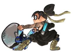 Rule 34 | 1boy, arm tattoo, brown eyes, brown hair, commentary, cosplay, costume, from side, funkgamut, hairband, hanzo (overwatch), hanzo (overwatch) (cosplay), holding, holding weapon, ink tank (splatoon), inkling player character, japanese clothes, long hair, male focus, nintendo, overwatch, overwatch 1, pointy ears, ponytail, simple background, solo, splatoon (series), splatoon 1, tattoo, tentacle hair, weapon, white background