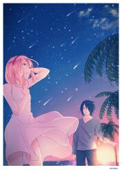 1boy 1girl amputee black_eyes black_hair black_pants black_shirt boruto:_naruto_next_generations closed_mouth cloud cloudy_sky coconut_tree comet dress fine_art_parody haruno_sakura husband_and_wife meteor_shower naruto_(series) night night_sky nihonga ohringood outdoors palm_tree pants parody pink_hair shirt shooting_star sky star_(sky) starry_sky sundress sunset tree uchiha_sasuke ukiyo-e white_dress