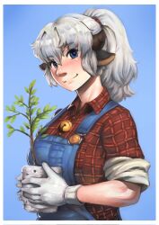 Rule 34 | 1girl, animal ears, bell, blue background, blue eyes, blush, border, breasts, brown horns, closed mouth, collared shirt, commentary, cow ears, cow girl, cow horns, english commentary, gloves, hair between eyes, high ponytail, highres, holding, holding plant, horns, jingle bell, large breasts, long hair, looking at viewer, medium bangs, nandi (puchirisu), neck bell, original, plaid, plaid shirt, plant, potted plant, puchirisu, red shirt, shirt, sleeves rolled up, smile, solo, upper body, white border, white gloves, white hair
