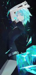 Rule 34 | 1other, absurdres, aqua eyes, aqua hair, arched back, arms up, belt, black nails, black shirt, black shorts, breaking, broken, closed mouth, crystal, crystal hair, damaged, flat chest, from side, highres, houseki no kuni, injury, looking at viewer, looking to the side, modare, nail polish, other focus, phosphophyllite, shards, shirt, short hair, short shorts, short sleeves, shorts, solo
