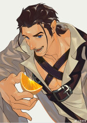 Rule 34 | 1boy, absurdres, adventurer (ff14), bara, black hair, blue eyes, chest belt, chinese commentary, collarbone, commentary request, facial hair, final fantasy, final fantasy xiv, food, fruit, grey jacket, highres, holding, holding food, holding fruit, hyur, jacket, le zhang zhang, looking at viewer, male focus, mature male, muscular, muscular male, open clothes, open jacket, orange (fruit), orange slice, shirt, short hair, simple background, teeth, upper body, warrior of light (ff14), weibo logo, weibo watermark, white shirt