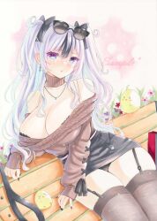 Rule 34 | 1girl, :t, azur lane, bare shoulders, black bow, black hair, black nails, black skirt, blue eyes, bow, bra strap, breasts, brown choker, brown sweater, choker, cleavage, commentary request, cowboy shot, earrings, elbe (azur lane), elbe (pure-hearted bad girl) (azur lane), eyewear on head, grey thighhighs, hair bow, highres, jewelry, large breasts, long hair, long sleeves, looking at viewer, manjuu (azur lane), miniskirt, multicolored hair, nail polish, necklace, off-shoulder sweater, off shoulder, partial commentary, pencil skirt, purplepencil, sitting, skirt, solo, streaked hair, sunglasses, sweater, thighhighs, thighs, traditional media, two side up, very long hair, white hair