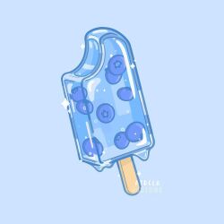 Rule 34 | artist name, blue background, blueberry, commentary, dripping, english commentary, food, food focus, fruit, jasmine (atrela.designs), no humans, original, popsicle, popsicle stick, sparkle, watermark