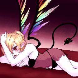 Rule 34 | 1girl, blonde hair, blush, demon tail, english text, fang, flandre scarlet, highres, laevatein, lingerie, looking at viewer, lying, miata (miata8674), negligee, on side, one eye covered, panties, pointy ears, red eyes, slit pupils, solo, tail, touhou, underwear, vampire
