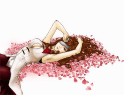 Rule 34 | 00s, 1girl, aki9081, armpits, arms up, beatrix, breasts, brown eyes, brown hair, cleavage, cleavage cutout, clothing cutout, curly hair, eyepatch, female focus, final fantasy, final fantasy ix, long hair, lowres, lying, pantyhose, petals, rose petals, sleeveless, smile, solo, white background