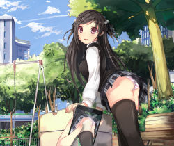 Rule 34 | 1girl, ass, bad id, bad pixiv id, bench, black hair, blue sky, blush, building, camera phone, cellphone, cellphone photo, cloud, day, drinking fountain, embarrassed, hair bobbles, hair ornament, hair ribbon, icywood, long hair, looking at viewer, original, panties, pantyshot, park, parted lips, phone, pleated skirt, ribbon, school uniform, skirt, sky, smartphone, solo focus, sparkle, striped clothes, striped panties, sweater vest, swing, thighhighs, tree, two side up, underwear, upskirt