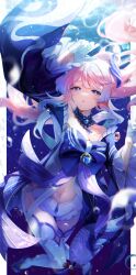 Rule 34 | 1girl, absurdres, aidaosamuaya, arm up, bare shoulders, blue bow, blue eyes, bow, breasts, cleavage, commentary request, dress, genshin impact, gloves, gradient hair, hand up, highres, medium breasts, multicolored hair, navel, off-shoulder dress, off shoulder, pink hair, purple eyes, sangonomiya kokomi, short shorts, shorts, solo, stomach, thighhighs, underwater, white gloves, white shorts, white thighhighs