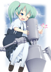 Rule 34 | 1girl, aged down, bad id, bad pixiv id, blue eyes, carrying, child, cloud, dress, flower, green hair, hatsune miku, kishiri toworu, miyao ryuu, one eye closed, open mouth, pantyhose, robot, sitting, sitting on shoulder, sky, twintails, vocaloid, voice (vocaloid), white pantyhose, wink