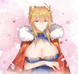 Rule 34 | 1girl, ahoge, areola slip, artoria pendragon (fate), artoria pendragon (lancer) (fate), blush, braid, breasts, cape, cleavage, cleavage cutout, clothing cutout, crown, fate/grand order, fate (series), french braid, fur trim, gekka nanako, hair between eyes, heart, highres, large breasts, looking at viewer, parted lips, red cape, sidelocks, solo, sweat, upper body