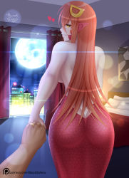 Rule 34 | 1girl, artist name, ass, bed, blacksaikou, bottomless, breasts, butt crack, commentary, curtains, english commentary, eyes visible through hair, from behind, full moon, holding hands, indoors, jewelry, lamia, large breasts, lens flare, long hair, looking back, miia (monster musume), monster girl, monster musume no iru nichijou, moon, night, parted lips, patreon logo, pointy ears, pov, pov hands, red hair, ring, scales, sideboob, slit pupils, smile, solo focus, wedding band, window, yellow eyes
