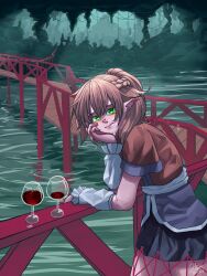 Rule 34 | 1girl, absurdres, arm warmers, blonde hair, braid, bridge, closed mouth, commentary, english commentary, french braid, glass, green eyes, highres, hippppodraw, looking at viewer, mizuhashi parsee, multicolored clothes, outdoors, pointy ears, short hair, short sleeves, solo, touhou