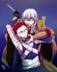 Rule 34 | 2boys, armpits, assassin (ragnarok online), bandages, blood, braid, brown cape, cape, clenched teeth, closed mouth, commentary request, dagger, flowery peko, glasses, gloves, gold trim, gradient background, green eyes, hair between eyes, holding, holding another&#039;s wrist, holding dagger, holding knife, holding weapon, knife, long bangs, long hair, male focus, multiple boys, pants, purple background, purple gloves, purple pants, purple shirt, push dagger, ragnarok online, red hair, red shirt, rimless eyewear, round eyewear, sage (ragnarok online), shirt, short bangs, short hair, side braid, single braid, sleeveless, sleeveless shirt, smile, teeth, upper body, waist cape, weapon, white hair
