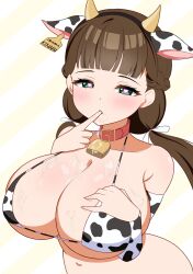 Rule 34 | 1girl, absurdres, alternate breast size, animal ears, animal print, bare shoulders, bikini, blush, breasts, brown hair, cleavage, collar, cow ears, cow horns, cow print, cow print bikini, cowbell, finger in own mouth, green eyes, hand on own chest, heart, heart-shaped pupils, highres, horns, huge breasts, long hair, looking at viewer, love live!, love live! superstar!!, navel, nemaki 9, print bikini, sakurakoji kinako, solo, standing, suggestive fluid, swimsuit, symbol-shaped pupils, twintails