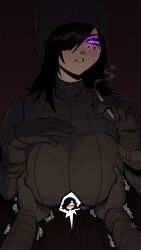 Rule 34 | 1girl, absurdres, black hair, blush, breasts, cigarette, glowing, glowing eye, grabbing, grabbing another&#039;s breast, hair over one eye, hand on own chest, hat, highres, large breasts, lewdicy, looking at viewer, pink eyes, smoking, sweater