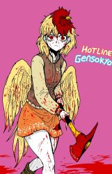 Rule 34 | 1girl, axe, bird tail, blonde hair, blood, blood on axe, blood on clothes, bloody weapon, boots, brown footwear, closed mouth, commentary, commentary request, cosplay, crossover, english commentary, english text, expressionless, feathered wings, fire axe, formicid, highres, holding, holding axe, hotline miami, jacket, jacket (hotline miami), jacket (hotline miami) (cosplay), jaggy lines, korean commentary, letterman jacket, looking at viewer, mixed-language commentary, multicolored hair, niwatari kutaka, orange skirt, parody, pink background, red eyes, red hair, richard (hotline miami), short hair, simple background, skirt, solo, tail, touhou, two-tone hair, weapon, wings