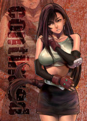 Rule 34 | 1990s (style), 1girl, breasts, brown hair, cover, cover page, earrings, elbow gloves, final fantasy, final fantasy vii, fingerless gloves, gloves, jewelry, long hair, low-tied long hair, lowres, midriff, overalls, pencil skirt, retro artstyle, skirt, solo, square enix, suspender skirt, suspenders, tifa lockhart, walnov, zoom layer