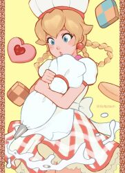 Rule 34 | 1girl, apron, back bow, blonde hair, blue eyes, blush, bow, braided hair rings, checkerboard cookie, chef, chef hat, clenched hands, commentary, cookie, cream, dress, earrings, english commentary, food, frills, hat, heart-shaped cookie, highres, holding, jewelry, looking down, mario (series), nintendo, nose blush, parted lips, pastry bag, patissiere peach, plaid, plaid dress, princess peach, princess peach: showtime!, puffy short sleeves, puffy sleeves, red lips, short sleeves, softp3ach, solo, sphere earrings, twitter username, yellow background