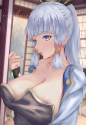 Rule 34 | 1girl, ayaka (genshin impact), blue eyes, blue hair, blue nails, blurry, blush, breasts, cleavage, collarbone, depth of field, genshin impact, hair ornament, hand up, highres, indoors, japanese clothes, large breasts, long hair, long sleeves, nail polish, parted lips, patreon username, ponytail, solo, upper body, zynxy