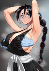 Rule 34 | 1girl, ?, armpits, arms behind head, arms up, black hair, black kimono, bleach, bleach: the thousand-year blood war, blush, braid, braided ponytail, breasts, castell, cleavage, commentary, cowboy shot, disembodied limb, english commentary, eyelashes, furrowed brow, glasses, grabbing, grabbing another&#039;s breast, grabbing from behind, grey background, grey eyes, hair between eyes, haori, highres, huge breasts, japanese clothes, katori batsuunsai, kimono, long hair, looking at viewer, parted lips, rimless eyewear, round eyewear, sideboob, simple background, solo focus, standing, steaming body, sweat, taichou haori, trembling