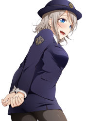 Rule 34 | 10s, 1girl, arms behind back, bdsm, black pantyhose, blue eyes, blush, bondage, bound, commentary request, cuffs, female service cap, grey hair, handcuffs, hat, long sleeves, looking at viewer, love live!, love live! school idol project, love live! sunshine!!, miniskirt, open mouth, pantyhose, police, police hat, police uniform, policewoman, side slit, skirt, solo, suzume miku, sweatdrop, tears, uniform, watanabe you