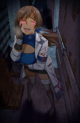 Rule 34 | 1girl, absurdres, alley, alternate eye color, armband, bandages, black skirt, black survival, blood, blood on clothes, blood on face, blood splatter, blue bow, blue shirt, blush, bow, breast hold, breasts, breath, brown gloves, brown hair, cargo pallet, cleavage, cleavage cutout, clothing cutout, coat, commentary, commentary request, crazy smile, cuts, dark-skinned female, dark skin, ddts (lwh1101), drum (container), earrings, eternal return: black survival, gloves, hair bow, hand on own cheek, hand on own face, hand up, heart, highres, injury, jewelry, korean commentary, large breasts, long hair, open clothes, open coat, open mouth, pink eyes, ponytail, ribbed shirt, shirt, skirt, smile, solo, teeth, thighhighs, tongue, torn clothes, torn skirt, turtleneck, white coat, zettai ryouiki
