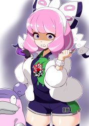 Rule 34 | 1girl, bow, coat, creatures (company), fur coat, galarian slowbro, game freak, gloves, hair bow, jewelry, klara (pokemon), lipstick, looking at another, looking at viewer, makeup, mituyota 76, mole, mole under mouth, nail polish, nintendo, pink background, pink hair, pointing, pointing up, pokemon, pokemon swsh, purple eyes, ring, shiny skin, short hair, short pants, single glove, standing, white coat, wide hips