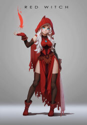 Rule 34 | 1girl, absurdres, blue eyes, boots, breasts, brown thighhighs, cape, capelet, commentary, contrapposto, detached sleeves, dress, facial mark, fingerless gloves, fire, forehead mark, full body, gloves, highres, long hair, magic, medium breasts, original, pelvic curtain, red cape, red footwear, red gloves, red hood, rui li, side slit, smile, solo, thighhighs, torn capelet, torn clothes, torn dress, white hair