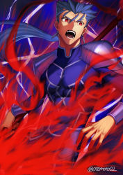 Rule 34 | 1boy, absurdres, angry, armor, blue background, blue bodysuit, blue hair, bodysuit, cu chulainn (fate), cu chulainn (fate/stay night), earrings, fangs, fate/grand order, fate (series), gae bolg (fate), hair strand, highres, holding, holding spear, holding weapon, huge filesize, jewelry, lightning, long hair, male focus, moto (otemoto02), open mouth, polearm, ponytail, red eyes, shoulder armor, solo, spear, twitter username, weapon