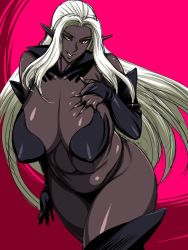 Rule 34 | 1girl, abs, black gloves, black legwear, black panties, breasts, bridal gauntlets, cleavage, covered erect nipples, curvy, dark-skinned female, dark elf, dark skin, elf, gloves, hand on own chest, huge breasts, long hair, looking at viewer, panties, platinum blonde hair, plump, pointy ears, red background, revealing clothes, shiny clothes, shiny skin, smile, solo, thick thighs, thighs, underwear, very dark skin, white hair, wide hips, yellow eyes