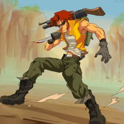Rule 34 | 1boy, backpack, bad id, bad pixiv id, bag, blood, bloody knife, bloody weapon, boots, combat boots, combat knife, cross-laced footwear, day, full body, gloves, green pants, knife, male focus, metal slug, open clothes, open vest, pants, red hair, sasisage, sideburns, solo, standing, sunglasses, tank top, tarma roving, vest, weapon, weapon on back